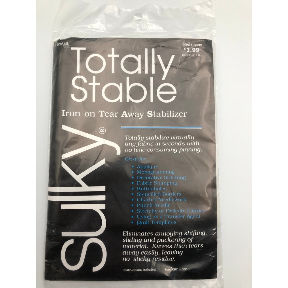 Vintage 1991 Sulky Totally Stable Iron-on Tear Away Stabilizer White 20x36" NOS
